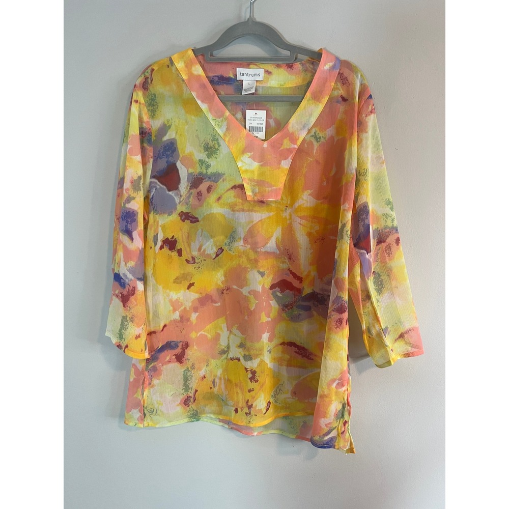 Tantrums SF‎ Watercolor Tunic Multi Color Floral Sheer V-Neck Top Large NWT